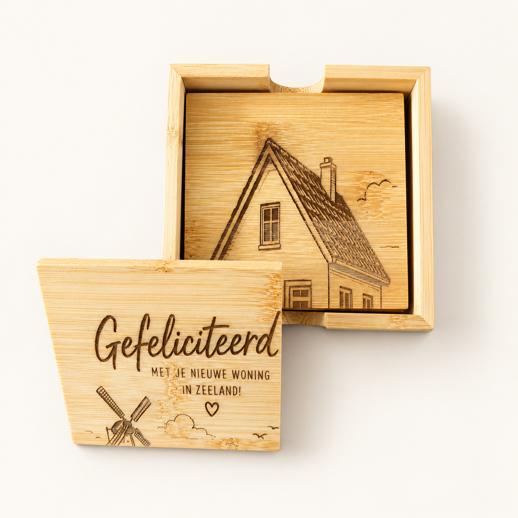 Bamboe onderzetters met persoonlijke gravure en houder