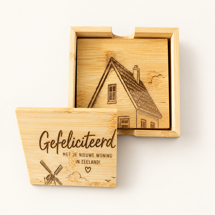 Bamboe onderzetters met persoonlijke gravure en houder