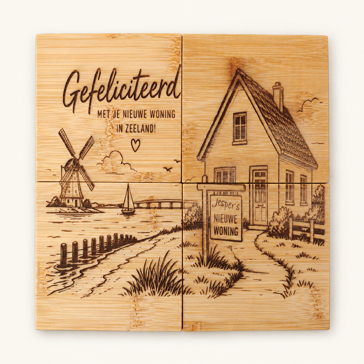 Vier bamboe onderzetters met doorlopend gegraveerd ontwerp