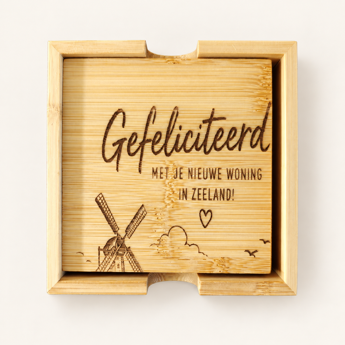 Bamboe onderzetters in houder met gravure