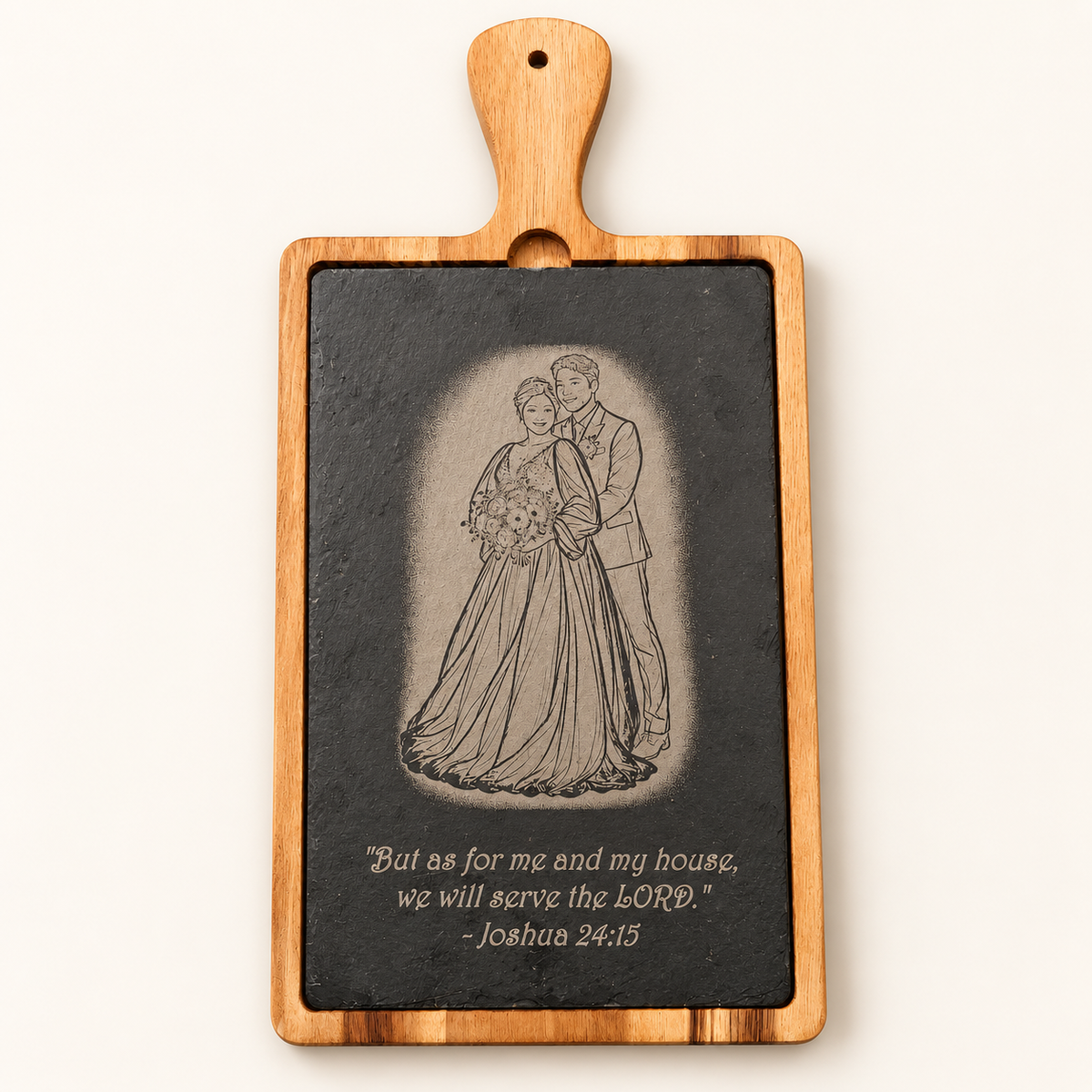 Houten serveerplank met leisteen en persoonlijke gravure